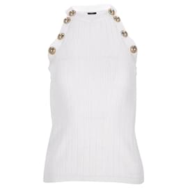 Balmain-Balmain Rib Knit Button Embellished Cutaway Top in White Viscose-White