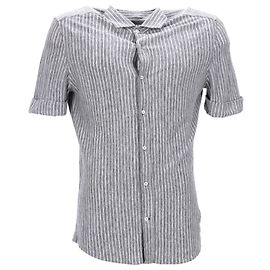 Brunello Cucinelli Camicia a righe a maniche corte con bottoni in lino grigio Marrone