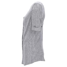 Brunello Cucinelli-Brunello Cucinelli Gestreiftes Kurzarmhemd mit Knopfleiste aus grauem Leinen-Grau