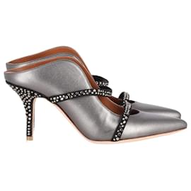 Autre Marque-Malone Souliers Maureen Crystal Embellished Pumps in Metallic Grey Leather-Grey