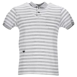 Dior-Dior Bee Embroidered Striped Polo Shirt in Grey and White Cotton-Grey