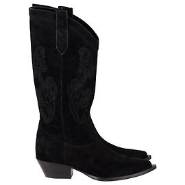 Etro Paisley Embroidery Cowboy Boots in Black Suede Black