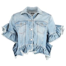 MSGM Distressed Ruffle Trimmed Jacket in Blue Denim Other