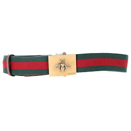Gucci-Gucci Bee Plague Buckle Belt in Multicolor Web Tape and Leather-Multiple colors