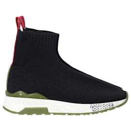 Versace-Versace Logo Webbing-Trimmed Stretch-Knit High-Top Sneakers in Black Polyester-Black