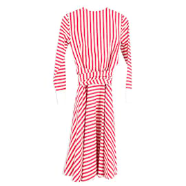 Carolina Herrera-Carolina Herrera Collared Striped Belted Midi Dress in Red and White Cotton-Other