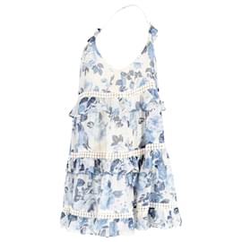 Zimmermann-Gestuftes ärmelloses Zimmermann-Kleid aus blauer Seide mit Blumenmuster-Andere