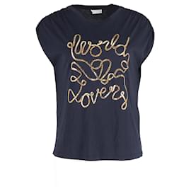 Sandro-Sandro Paris World Lovers Print T-Shirt aus marineblauem Modal-Blau,Marineblau