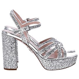 Miu Miu Glittered Platform Sandals in Silver Leather Silvery
