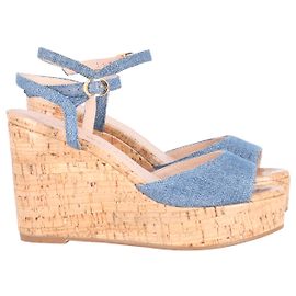 Stuart Weitzman Palmina Platform Wedge Sandals in Blue Canvas Blue