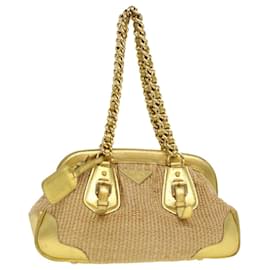 Prada-PRADA Chain Shoulder Bag Straw Leather Beige Auth 43934-Beige