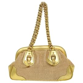 Prada-PRADA Bolso de hombro con cadena de piel de paja Beige Auth 43934-Beige