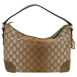 Gucci-GUCCI GG Canvas Bamboo Shoulder Bag Gold 269959 Auth 43302-Golden