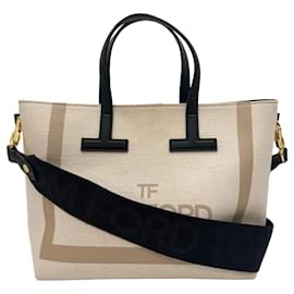 Tom Ford-Tom Ford T Tote Canvas e Couro Bege-Bege