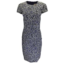 Michael Kors-Michael Kors Collection Navy Blue / white / Black Floral Printed Short Sleeved Cady Midi Dress-Blue
