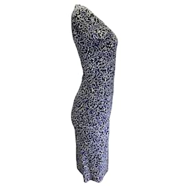 Michael Kors-Michael Kors Collection Navy Blue / white / Black Floral Printed Short Sleeved Cady Midi Dress-Blue
