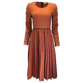 Fendi-Fendi Rouge / Robe mi-longue en laine plissée à manches longues et à imprimé pied-de-poule en tulle noir-Rouge