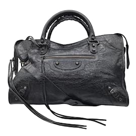 Balenciaga-Balenciaga Black Studded Crinkled Lambskin Leather Classic City Handbag-Black