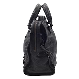 Balenciaga-Balenciaga Black Studded Crinkled Lambskin Leather Classic City Handbag-Black