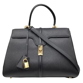 Céline-Celine Black Grained Leather Medium 16 Top Handle Handbag-Black
