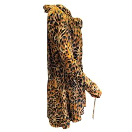 Saint Laurent-Bronceado de Saint Laurent / Castaño / Vestido de seda de manga larga con estampado animal negro-Castaño