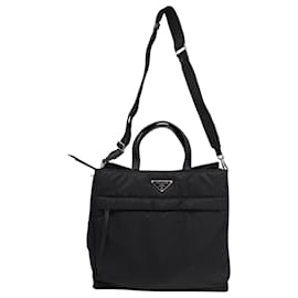 Prada-Prada Logo Plaque Padded Tote Bag in Black Nylon-Black