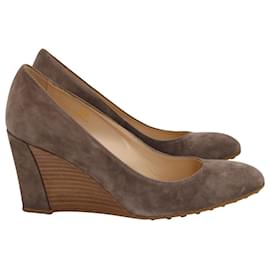Tod's-Tod's Almond Toe Wedge Pumps in Grey Suede-Grey