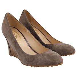 Tod's-Tod's Almond Toe Wedge Pumps in Grey Suede-Grey