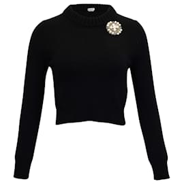 Alexander Mcqueen-Alexander McQueen Cropped Knit Sweater with Brooch in Black Cashmere-Black