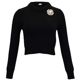 Alexander Mcqueen-Maglione corto in maglia Alexander McQueen con spilla in cashmere nero-Nero