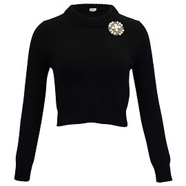 Kurzer Strickpullover von Alexander McQueen mit Brosche aus schwarzem Kaschmir Schwarz