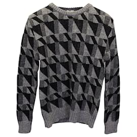 Saint Laurent-Saint Laurent Geometric Knit Crewneck Sweater in Grey Wool-Grey