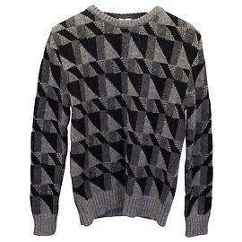 Saint Laurent Geometrischer Strickpullover mit Rundhalsausschnitt aus grauer Wolle Grau