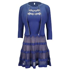 Alaïa-Alaia Sleeveless Sheer Panel Dress w/ Front Zip Jacket in Blue Viscose-Other
