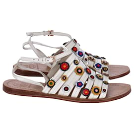 Tory Burch-Tory Burch Marguerite Flat Sandals in White Leather-White
