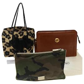 Valentino-VALENTINO Clutch Bag Nylon Leather 3Set Brown Beige Green Auth bs5754-Brown,Beige,Green