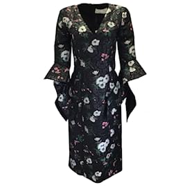 Prabal Gurung-Prabal Gurung Black / Green Multi Floral Jacquard V-Neck Midi Dress-Black