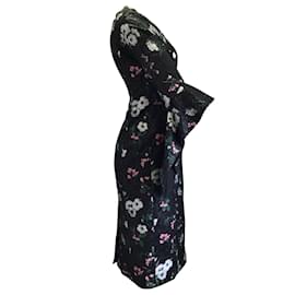 Prabal Gurung-Prabal Gurung Black / Green Multi Floral Jacquard V-Neck Midi Dress-Black