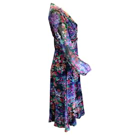 Prabal Gurung-Prabal Gurung Audra Purple Multi Floral Printed Long Sleeved V-Neck Silk Midi Dress-Multiple colors