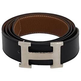 Hermès-Hermès Hammered Silver H Buckle Belt in Black Leather-Black