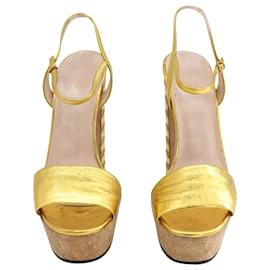 Gucci-Gucci Ankle Strap Platform Sandals in Gold Leather-Golden,Metallic