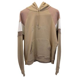Saint Laurent Color Block Logo besticktes Kapuzenpullover aus beiger Baumwolle Braun Beige