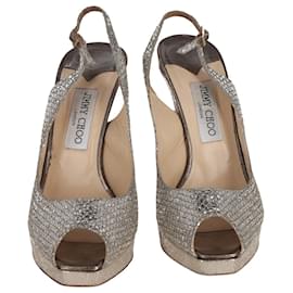 Jimmy Choo-Jimmy Choo Nova Peep Toe Slingback Sandals in Silver Glitter And Lurex Fabric-Silvery,Metallic