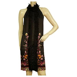 Roberto Cavalli-Roberto Cavalli estampado floral negro 100% Vestido midi de seda con volantes 40-Multicolor