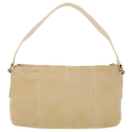 Chanel-CHANEL Choco Bar Shoulder Bag Canvas Beige CC Auth bs5780-Beige