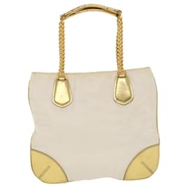 Prada-PRADA Chain Shoulder Bag Nylon White Gold Auth 44147-White,Golden
