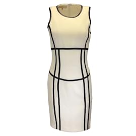Michael Kors-Michael Kors Ivory / Black Leather Trimmed Sleeveless Wool Crepe Dress-Cream