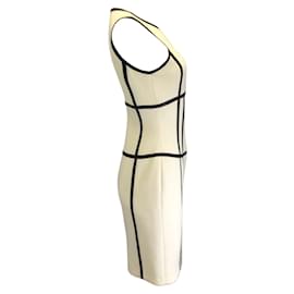Michael Kors-Michael Kors Ivory / Black Leather Trimmed Sleeveless Wool Crepe Dress-Cream