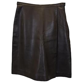 Valentino Garavani-Valentino Boutique Overlap Knee Length Skirt in Brown Leather-Brown