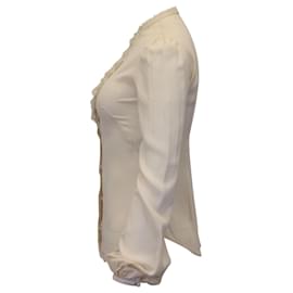 Alexander Mcqueen-Blusa de seda color crudo con detalle de encaje de Alexander McQueen-Blanco,Crudo